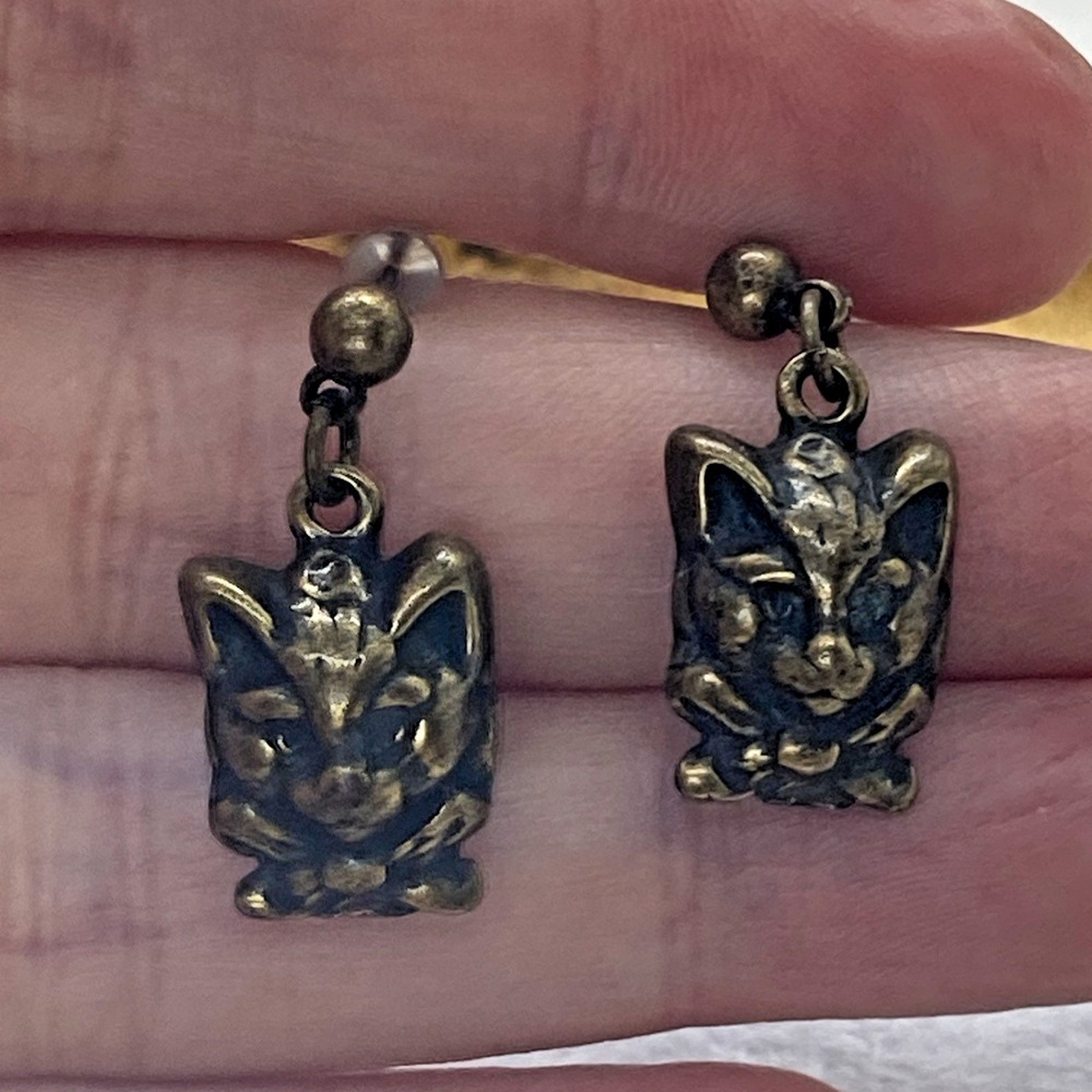 Cat Earrings Dangle Drop Post Studs Kitty Bronze Tone Quirky Whimsical Kitschy